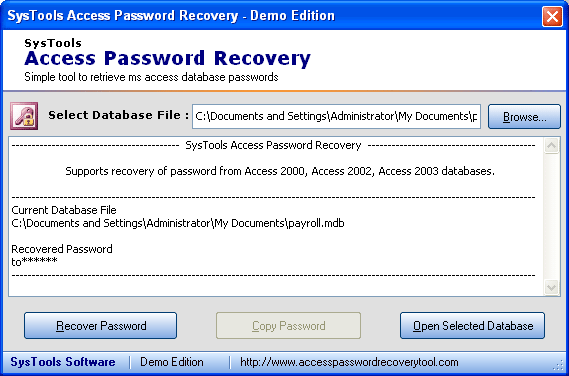 Download http://www.findsoft.net/Screenshots/Access-Password-Recovery-Tool-12225.gif
