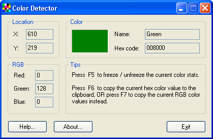 Download http://www.findsoft.net/Screenshots/Color-Detector-3349.gif